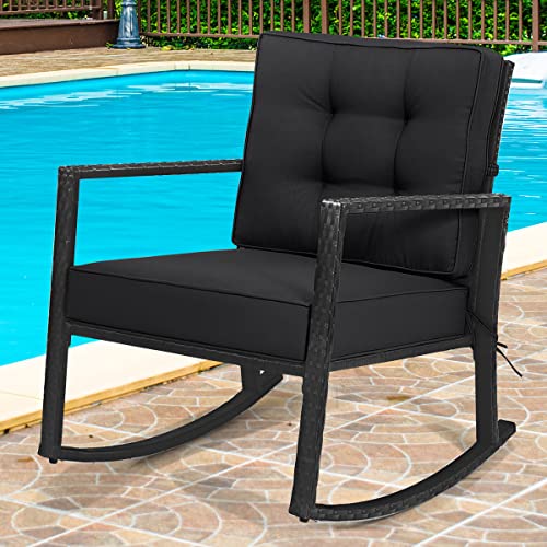 HAPPYGRILL Patio Rocking Chair Outdoor Rattan Wicker Glider Chair with Heavy-Duty Frame Thick Cushion for Backyard Garden Porch, Black