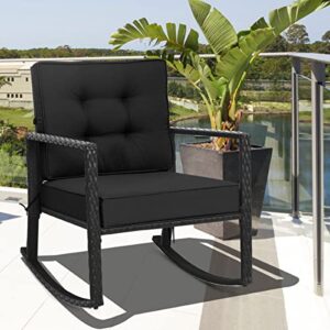 HAPPYGRILL Patio Rocking Chair Outdoor Rattan Wicker Glider Chair with Heavy-Duty Frame Thick Cushion for Backyard Garden Porch, Black