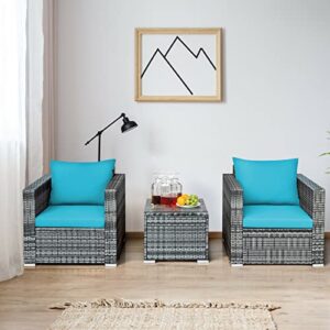 n/a 3 PC Patio Rattan Furniture Bistro Set Cushioned Sofa Chair Turquoise Single Sofa Coffee Table