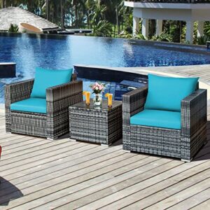 n/a 3 PC Patio Rattan Furniture Bistro Set Cushioned Sofa Chair Turquoise Single Sofa Coffee Table