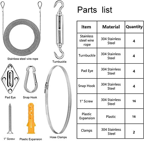 Shade Sail Hardware Kit, Sun Shade Hardware Kit with 304 Stainless Steel Wire Rope for Square/Rectangle/Triangle Sun Shade Sails, Anti-Rust Stainless Steel Accessories for Outdoor (6 inch, 50 pcs)