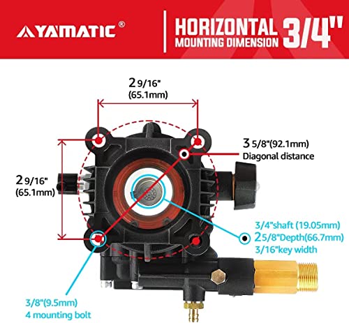 YAMATIC Horizontal Pressure Washer Pump 3/4" Shaft - Max 3300 PSI @ 2.5 GPM - Original Engineering for Most Brand power washer