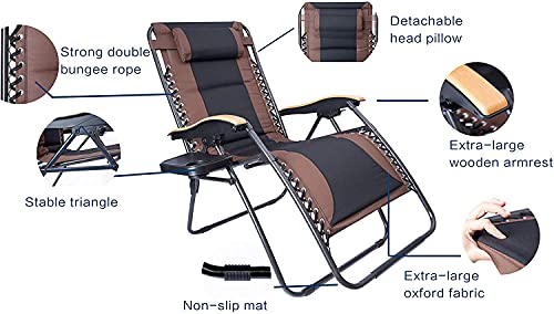 LUCKYBERRY Deluxe Oversized Padded Zero Gravity Chair XL Brown Black Cup Holder Lounge Patio Chairs Outdoor Yard Beach Support 350lbs, (Brown)