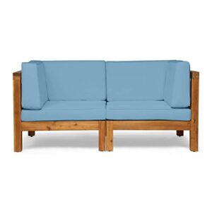 great deal furniture keith outdoor sectional loveseat set | 2-seater | acacia wood | water-resistant cushions | teak and blue