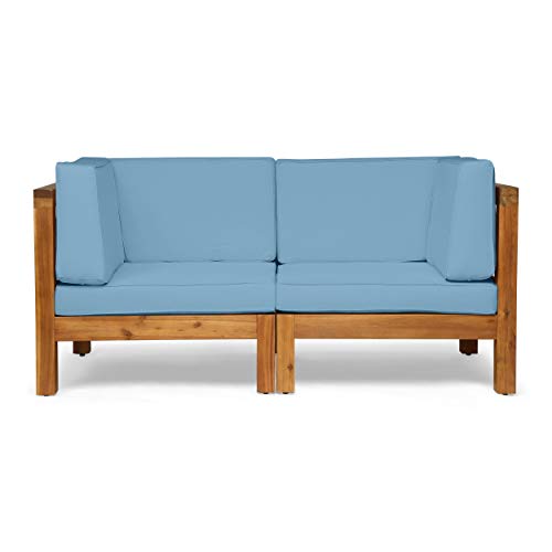 Great Deal Furniture Keith Outdoor Sectional Loveseat Set | 2-Seater | Acacia Wood | Water-Resistant Cushions | Teak and Blue