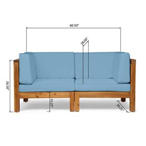 Great Deal Furniture Keith Outdoor Sectional Loveseat Set | 2-Seater | Acacia Wood | Water-Resistant Cushions | Teak and Blue