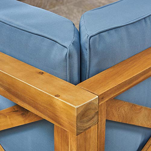 Great Deal Furniture Keith Outdoor Sectional Loveseat Set | 2-Seater | Acacia Wood | Water-Resistant Cushions | Teak and Blue