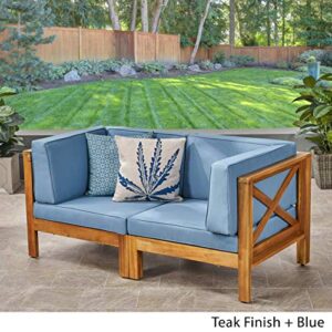 Great Deal Furniture Keith Outdoor Sectional Loveseat Set | 2-Seater | Acacia Wood | Water-Resistant Cushions | Teak and Blue