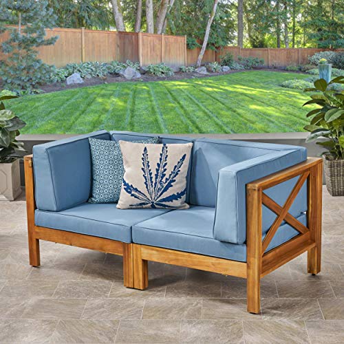 Great Deal Furniture Keith Outdoor Sectional Loveseat Set | 2-Seater | Acacia Wood | Water-Resistant Cushions | Teak and Blue