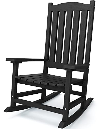 SERWALL Patio Rocking Chair, Oversized Porch Rocker for Adults, All Weather Resistant Rocking Chair for Patio Lawn Garden, Black