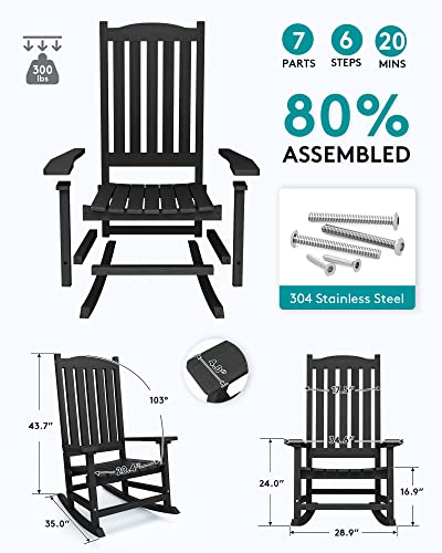 SERWALL Patio Rocking Chair, Oversized Porch Rocker for Adults, All Weather Resistant Rocking Chair for Patio Lawn Garden, Black