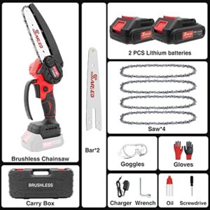 Mini Chainsaw 6 Inch Cordless,SARRED 6 Inch Cordless Brushless Small Electric Portable Chainsaw Handheld Rechargeable Battery Chainsaw with 2 Batteries 3 Chains for Gardening Tree Branch Trimming