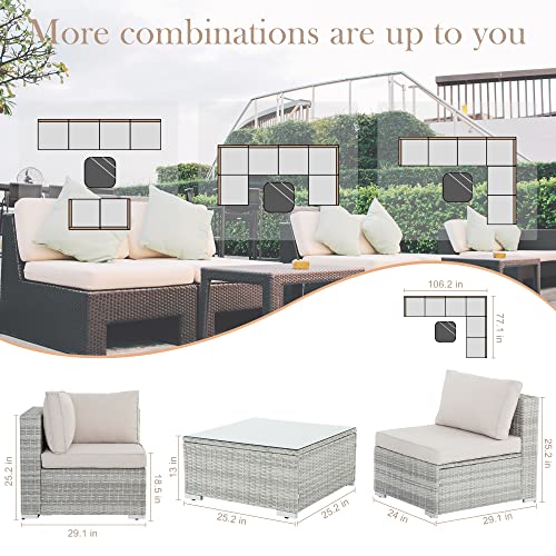 Polaris Garden 7 Pieces Patio Furniture Sets, All-Weather Grey Wicker Outdoor Sectional Couch, Patio Rattan Conversation Sofa Sets with Glass Coffee Table and Washable Cushions for Garden Yard (Beige)