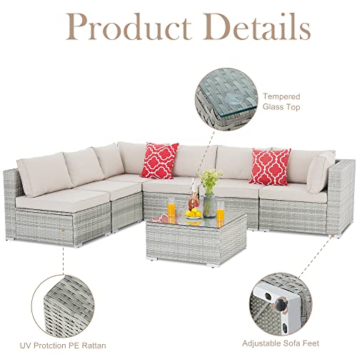 Polaris Garden 7 Pieces Patio Furniture Sets, All-Weather Grey Wicker Outdoor Sectional Couch, Patio Rattan Conversation Sofa Sets with Glass Coffee Table and Washable Cushions for Garden Yard (Beige)