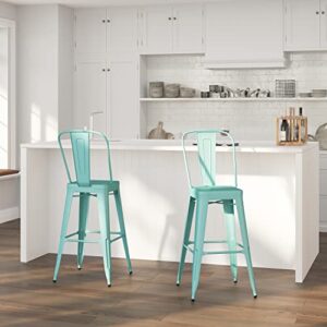 merrick lane stella 30″ metal indoor-outdoor barstool with vertical slat back and integrated footrest in mint green