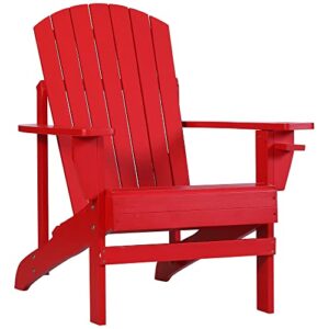 outsunny wooden adirondack chair, outdoor patio lawn chair with cup holder, weather resistant lawn furniture, classic lounge for deck, garden, backyard, fire pit, red