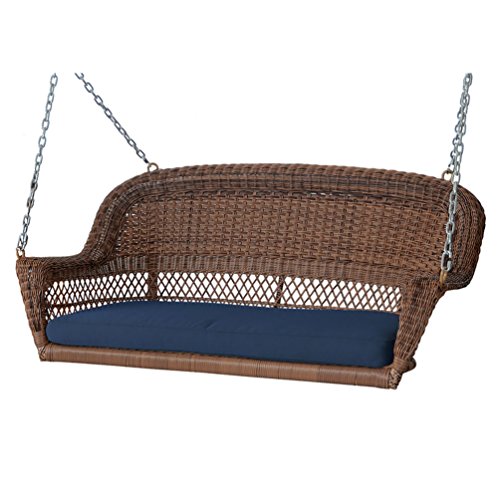 Jeco Honey Resin Wicker Hanging Porch Swing with Cushion in Blue