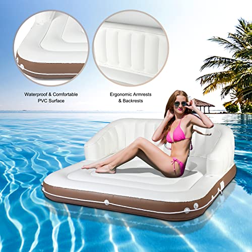 GYMAX Canopy Floating Island, 2-3 Person 441lbs Inflatable Lake Floats with UPF50 Retractable Sunshade, Built-in Cup Holder & Grabbing Ropes, Giant Lounge Raft for Indoor, Poolside, River and Beach