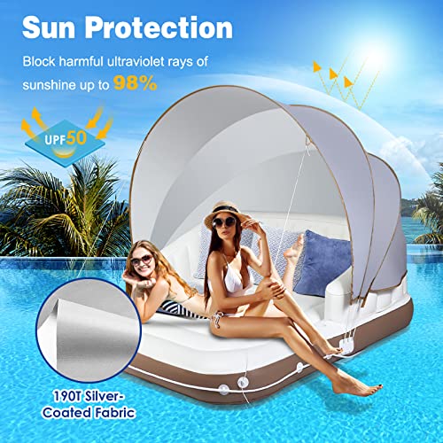 GYMAX Canopy Floating Island, 2-3 Person 441lbs Inflatable Lake Floats with UPF50 Retractable Sunshade, Built-in Cup Holder & Grabbing Ropes, Giant Lounge Raft for Indoor, Poolside, River and Beach