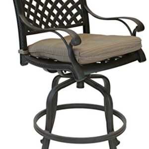 Nassau Outdoor Patio 4 Swivel Barstools 30" High Cast Aluminum Dark Bronze, Walnut Cushions