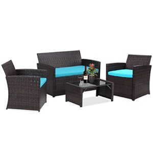 saemoza 4 pieces outdoor patio furniture set, outdoor wicker rattan patio furniture with tempered glass tabletop clearance（blue）
