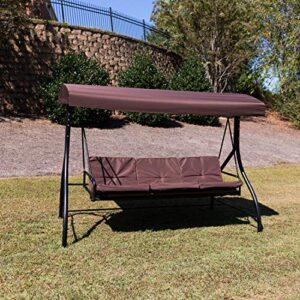 Flash Furniture Tellis 3-Seat Outdoor Steel Converting Patio Swing Canopy Hammock with Cushions / Outdoor Swing Bed (Brown)