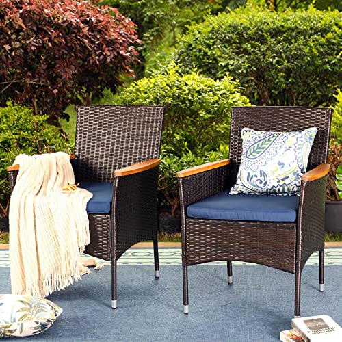 PHI VILLA 35" Rattan Patio Dining Chairs, Outdoor Furniture Wicker Dining Chairs with Removable Cushions Perfect for Backyard, Bistro, Garden, 2pcs, Black