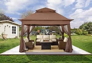 cooshade 11x11ft easy pop up gazebo tent instant outdoor canopy shelter with mosquito netting walls(brown)