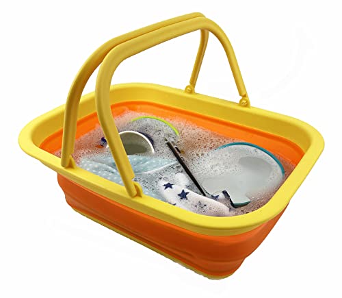 SAMMART 9.2L (2.37Gallon) Collapsible Tub with Handle - Portable Outdoor Picnic Basket/Crater - Foldable Shopping Bag - Space Saving Storage Container (Yellow/Carrot)