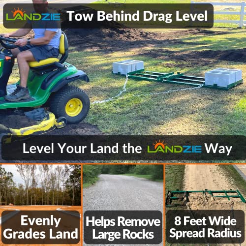 LANDZIE Drag Harrow Driveway Grader Landscape Power Rake for ATV, UTV, Tractor, Mower - 8 Ft Reinforced Steel (Two 4 ft Sections) - Tow Behind Yard Lawn Leveling Tool with 4 Ft Heavy Duty Chain