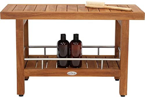 AquaTeak Patented 30" Spa Teak & Stainless Shower Bench with Shelf