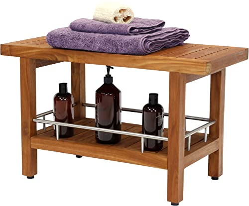 AquaTeak Patented 30" Spa Teak & Stainless Shower Bench with Shelf