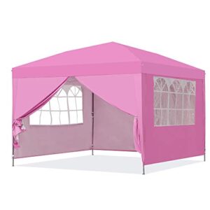 saemoza pop up canopy tent, 10×10 outdoor commercial instant gazebo tent with 4 removable sidewalls, height adjustable portable beach canopy with carry bag (pink)