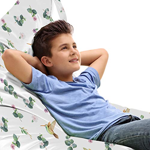 Ambesonne Hummingbird Lounger Chair Bag, Vernal Eucalyptus Leaves Flowers Flying Birds Isolated Repeating Pattern, High Capacity Storage with Handle Container, Lounger Size, White Multicolor