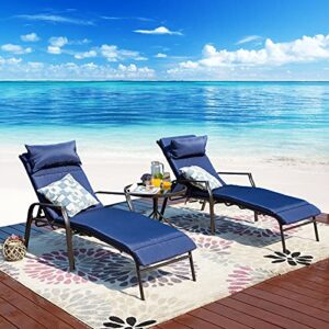 festival depot 3 pieces outdoor patio chaise lounge adjustable back chairs set of 2 chairs and 1 bistro table for pool garden backyard with removable cushions (blue)