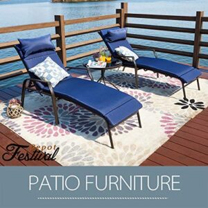 Festival Depot 3 Pieces Outdoor Patio Chaise Lounge Adjustable Back Chairs Set of 2 Chairs and 1 Bistro Table for Pool Garden Backyard with Removable Cushions (Blue)