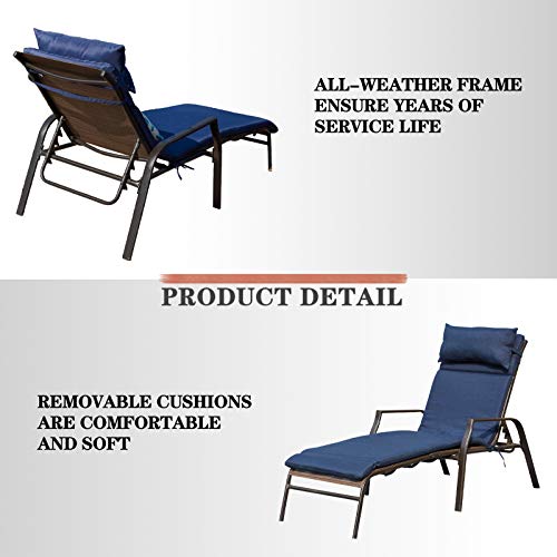 Festival Depot 3 Pieces Outdoor Patio Chaise Lounge Adjustable Back Chairs Set of 2 Chairs and 1 Bistro Table for Pool Garden Backyard with Removable Cushions (Blue)