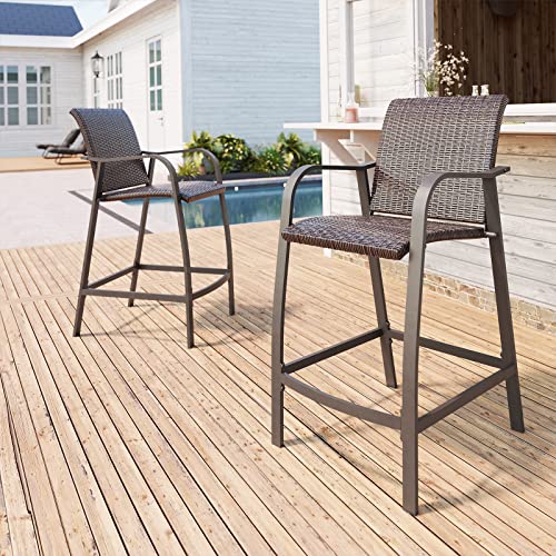 Crestlive Products Aluminum Patio Bar Stools Outdoor Wicker Bar Chairs, All Weather Backyard Furniture in Antique Brown Finish for Pool, Garden, Deck, Indoor, 2 PCS Set (Brown)