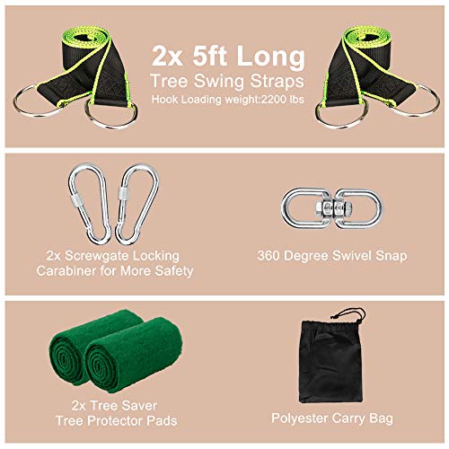 FORTGESCHE Tree Swing Straps Hanging Kits, Adjustable Swing Hammock Straps 5ft Length with 2 Heavy Duty Lock Carabiner Hooks and Tree Protector Sleeves Perfect for Hammock & Tree Swing, Holds 2200lb