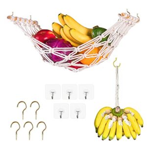 hanging fruit hammock under cabinet，macrame handwoven boho veggie and fruit hammock fruit holder net hanging kitchen storage，includes banana hanger and hook，saves counter space at home，boat，or rv