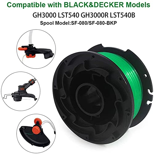 THTEN SF-080 String Trimmer Spool Line Compatible with Black and Decker SF-080-BKP 20ft 0.080" GH3000 LST540 GH3000R LST540B Weed Eater Auto Feed Single Line with 90583594 Cap Covers Parts