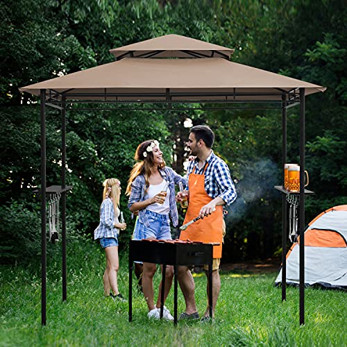 DikaSun BBQ Grill Gazebo 8 x 5 Barbecue Canopy Double Tiered Outdoor BBQ Grill Tent with Shelves and 10 Hooks