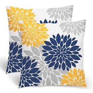 navy blue yellow pillow covers 20×20 inch 2 pcs, spring summer geometric elegant dahlia decorative throw pillows, flower outdoor decor pillowcase linen square cushion cover gift for patio couch sofa