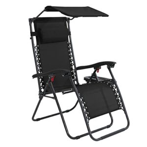 abccanopy zero gravity chair adjustable folding reclining patio chair, lounge chair with canopy, removable pillow and cup holder, (black)