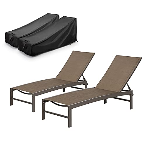 Crestlive Products Patio Chaise Lounge Chairs with Covers Set, Aluminum Adjustable Outdoor Five-Position Recliner & Waterproof Covers All Weather for Beach, Yard, Pool(2PCS Brown Chairs, Black Covers)