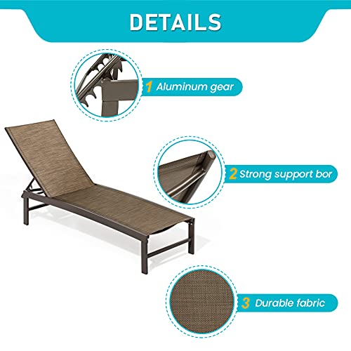 Crestlive Products Patio Chaise Lounge Chairs with Covers Set, Aluminum Adjustable Outdoor Five-Position Recliner & Waterproof Covers All Weather for Beach, Yard, Pool(2PCS Brown Chairs, Black Covers)