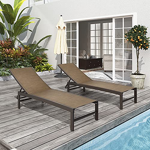 Crestlive Products Patio Chaise Lounge Chairs with Covers Set, Aluminum Adjustable Outdoor Five-Position Recliner & Waterproof Covers All Weather for Beach, Yard, Pool(2PCS Brown Chairs, Black Covers)