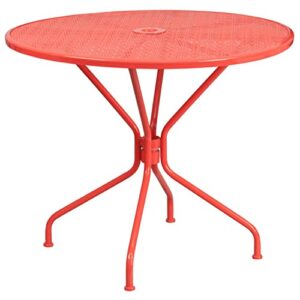 flash furniture commercial grade 35.25″ round coral indoor-outdoor steel patio table with umbrella hole
