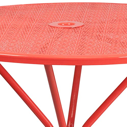 Flash Furniture Commercial Grade 35.25" Round Coral Indoor-Outdoor Steel Patio Table with Umbrella Hole