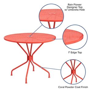 Flash Furniture Commercial Grade 35.25" Round Coral Indoor-Outdoor Steel Patio Table with Umbrella Hole